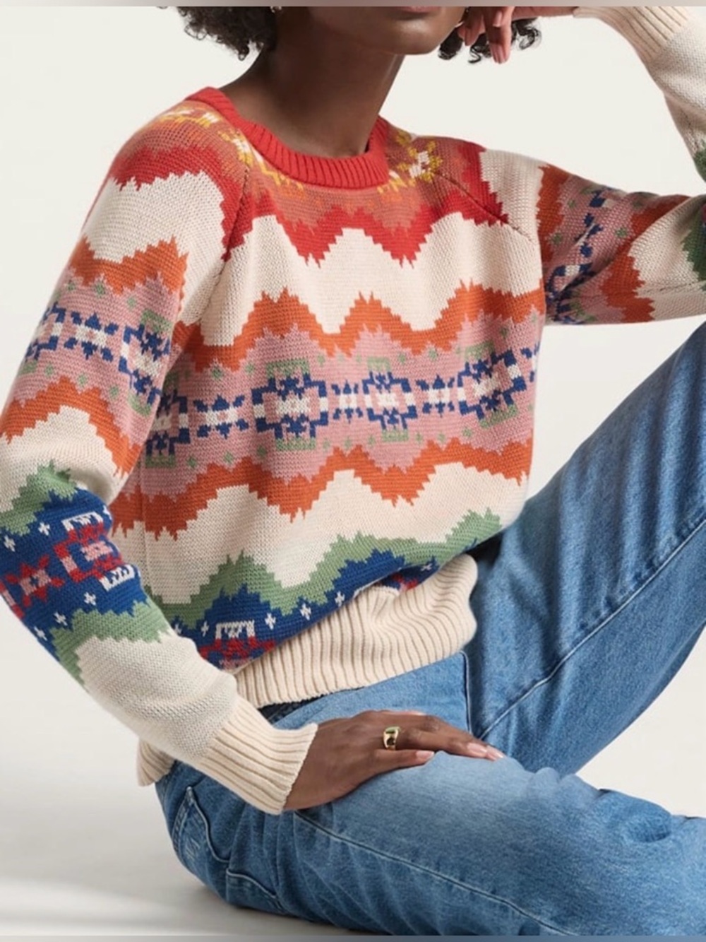 Pendleton Cream Multicolor Fair Isle Crewneck Sweater knit with peruvian  cotton